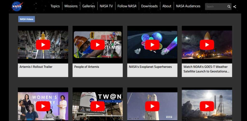 La NASA ofrece una galería de vídeo que podemos utilizar en nuestros proyectos personales.