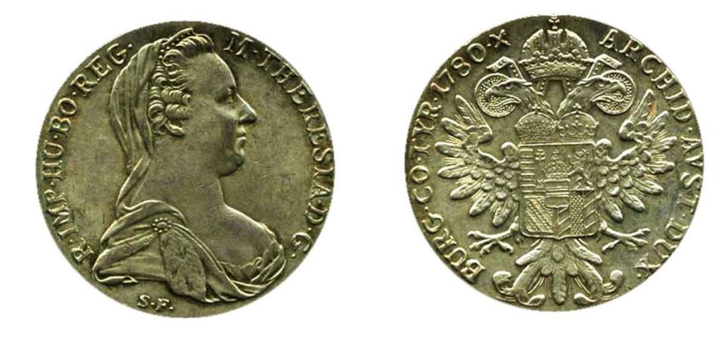 Moneda de tálero del Reinado de María Teresa, una de las monedas de tálero más famosas. 