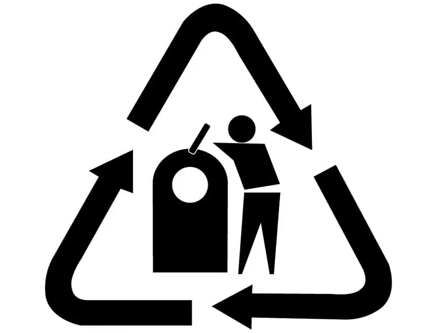 Esta es una de las variaciones del símbolo del reciclaje, en este caso para el vidrio: una figura humana deschando algo y el anillo de Möbius