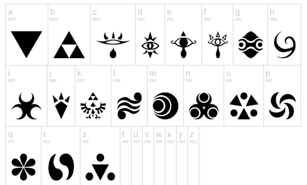 Hylian Symbols contiene algunos símbolos de la saga Zelda.