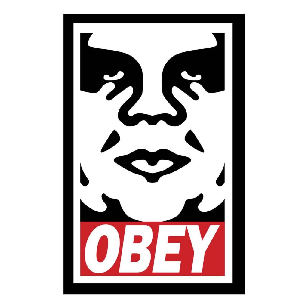 Logo de la marca Obey con letras rojas. 